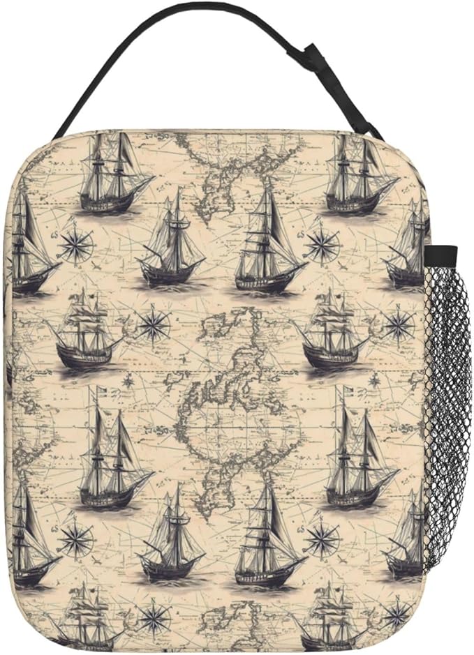 Vintage Nautical Map Lunch Box for Kids,World Maps Insulated Bag for Student,Ships Reusable Thermal Insulation Cooler Tote Bags for School Work Picnic Camping Outdoor Gifts