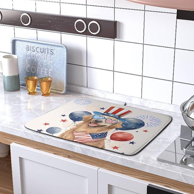 4th of July Patriotic Dog Dish Drying Mat 16 x 18 Inch US Independence Day Blue White Red Kitchen Drying Mat Firework Holiday Dish Drainer Mats Super Absorbent Dish Rack Pad for Kitchen Counter