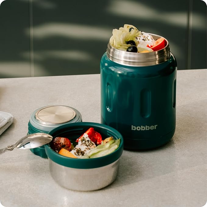 BOBBER 24 oz Wide Mouth Insulated Thermos Food Jar for Soup and Hot Food – Stainless Steel with Built-in Spoon and Bowl – Keeps Hot for 14 Hours, Cold for 20 Hours (Deep Teal)