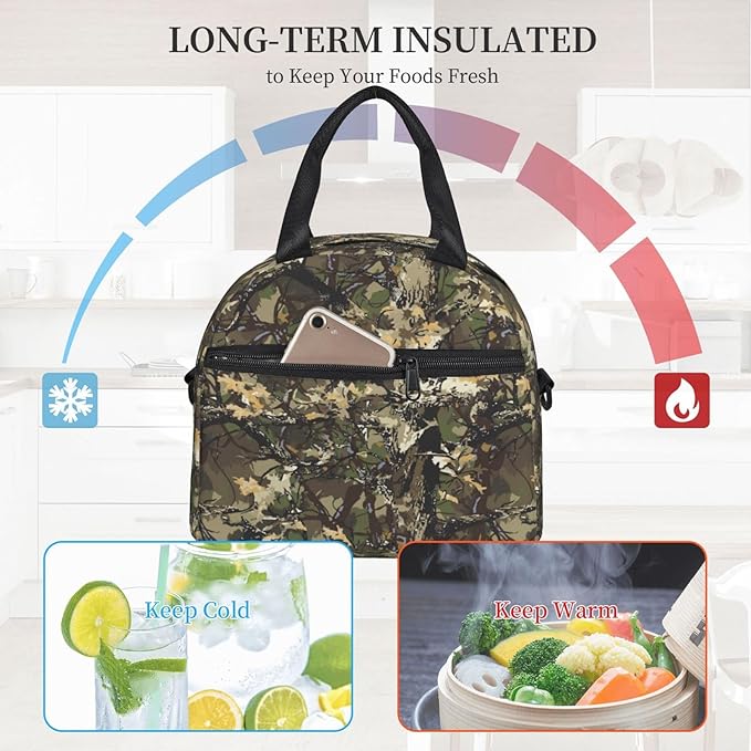 Camo Reusable Insulated Lunch Box Waterproof Lunch Bag with Detachable and Adjustable Shoulder Strap for Office Picnic or Travel