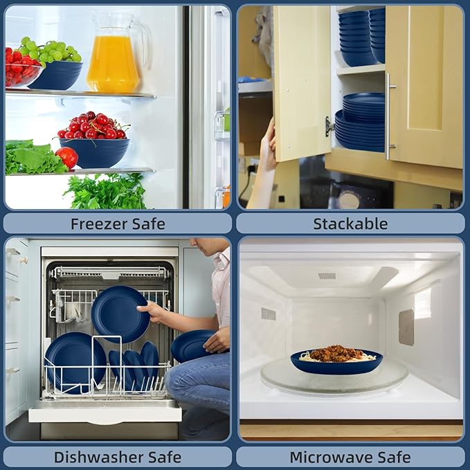 Blue Dinnerware Sets for 8,Blue Plates and Bowls Sets Plastic,Wheat Straw Dinnerware Sets Unbreakable Microwave Safe Lightweight,32 Pcs Dishes Set for 4th of july Apartment Essentials Dorm