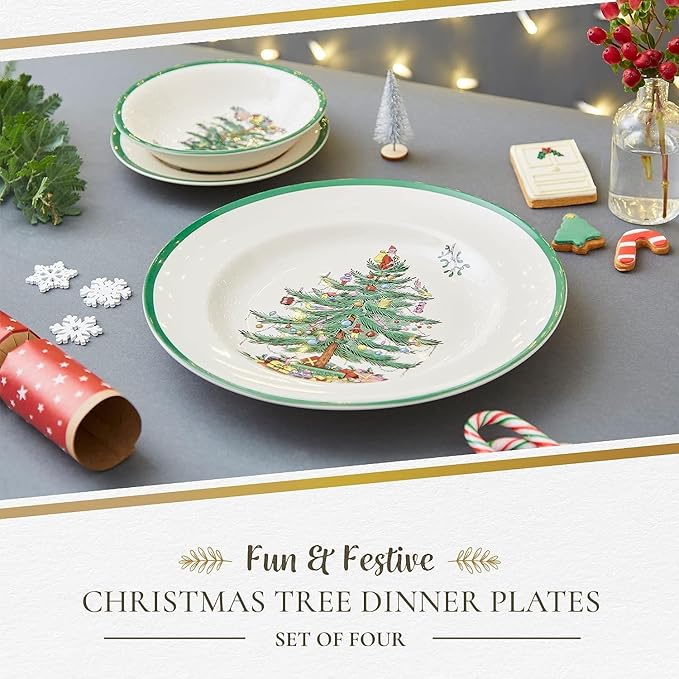 Spode Christmas Tree 10.5" Dinner Plate (Set of 4) - Festive Holiday Stoneware Plate with Christmas Tree & Green Borders, Microwave, Dishwasher, Freezer & Oven Safe - Holiday Tableware