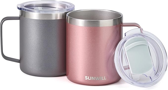 SUNWILL Travel Coffee Mug with Lid, Insulated Tumbler with Handle, 14 oz Stainless Steel Cup Set of 2 for Camping, Outdoor, Cool Grey & Rose Gold 2 Pack