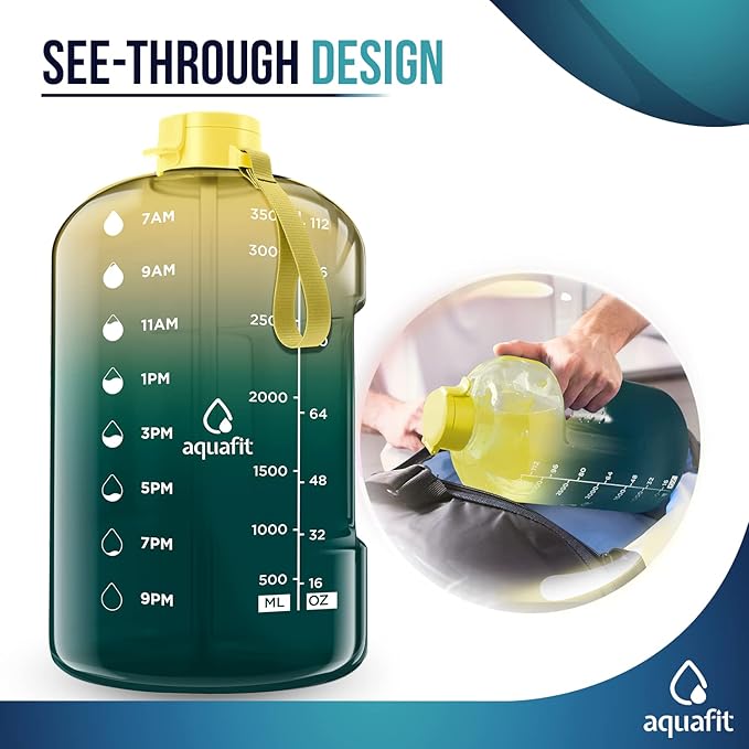 AQUAFIT 1 Gallon Water Bottle with Time Marker - Straw & Chug Lid - BPA Free Gym Water Bottle with Straw - Big Gallon Jug (Forest Fade, 128 oz - 2 Lids)
