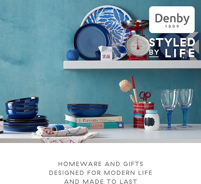 Denby - Imperial Blue 12 Piece Coupe Dinner Set For 4 - Ceramic Tableware Plate & Bowl Set - Dishwasher Microwave Safe Crockery - 4 x Dinner Plates, Small Plates, Cereal Bowls - Chip & Crack Resistant