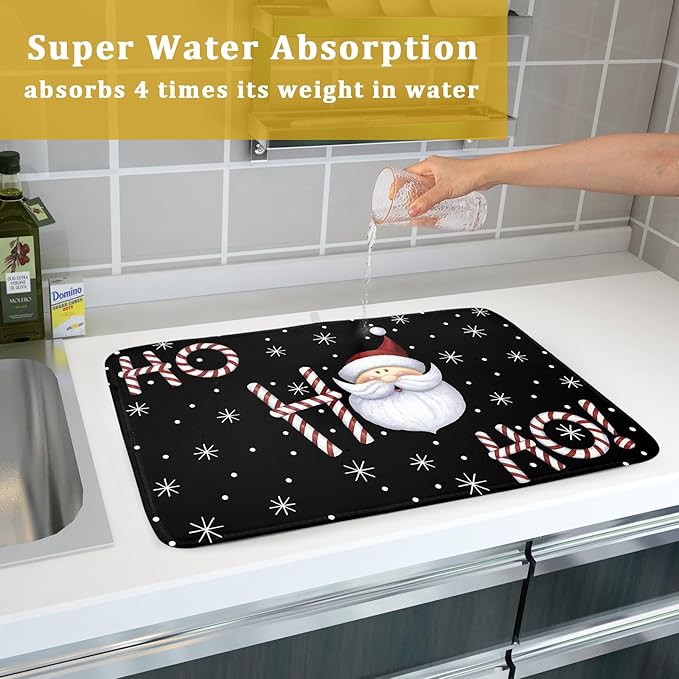 Christmas Santa Laugh Dish Drying Mat Winter Snowflakes Black Dish Drainer Mats Xmas Candy Cane Stick Sweet Dish Dry Pad for Kitchen Countertop Coffee Bar 18x24 inch Large