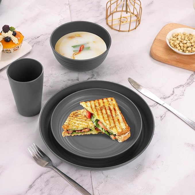 Grey Cups and Plates Sets for Kitchen Plates and Bowls Set, Dishware Sets for 8 Kids Plate Non Toxic Unbreakable and Lightweight,32pcs Halloween Plastic Dinnerware Set, Dishwasher and Microwave Safe