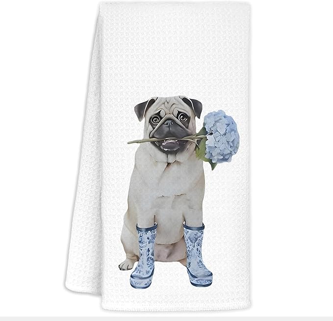 Blue Chinoiserie Hydrangea Pug Dog Kitchen Towels, Pug Lover Gifts Dish Tea Towels for Kitchen Decor, Dog Lovers Mom Gifts Decorative Hand Towel for Bathroom, 16x24 Inch