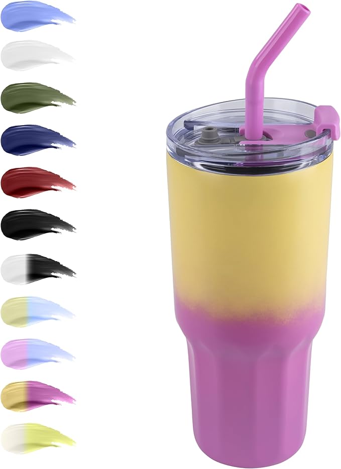 VEGOND 30 oz Insulated Stainless Steel Tumbler with lid and straw Double Wall Vacuum Travel Coffee Mug with Non-Slip Silicone Base, Sweat Proof Powder Coated Cup for Hot Cold Drinks, Pink and Yellow