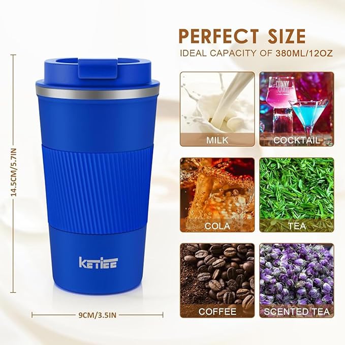 KETIEE Travel Coffee Mug 12oz: Insulated Travel Mug with Leakproof Lid, Reusable Coffee Cups with Seal Lid, Vacuum Stainless Steel Tumbler to Go for Hot/Ice Drinks (Blue)