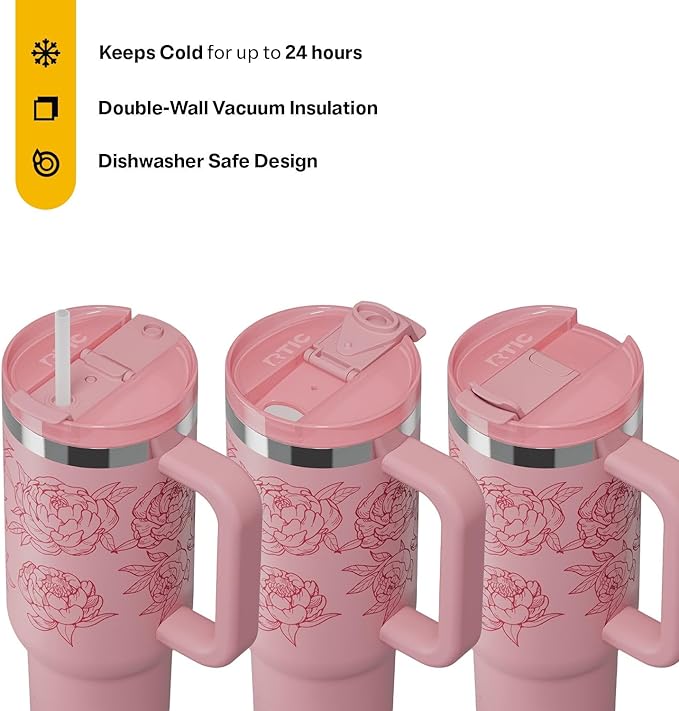 RTIC 40 oz Road Trip Tumbler Double-Walled Cermaic Lined Insulated Stainless Steel Portable Travel Coffee Mug Cup with Lid, Handle and Straw, Pink Peonies