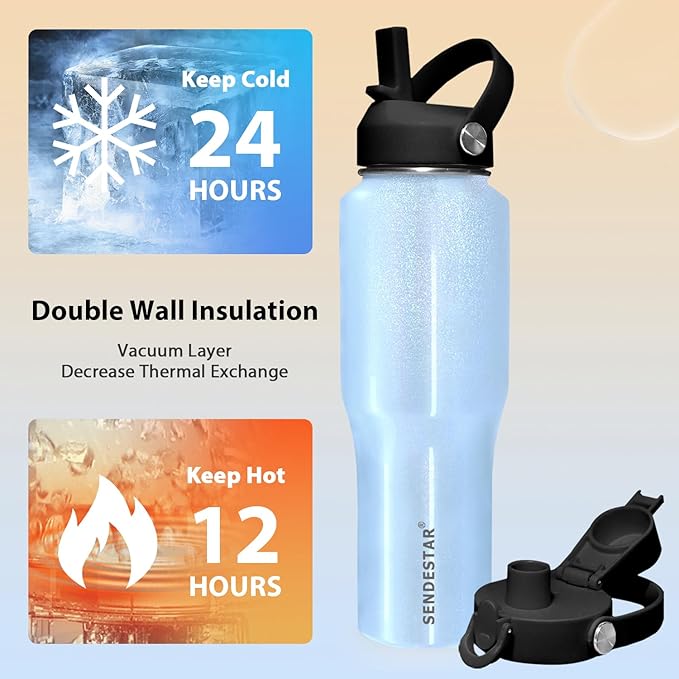 SENDESTAR 32oz Stainless Steel Water Bottle(Cold for 48 Hrs, Hot for 24 Hrs),Double Wall Vacuum Insulated Bottle with Straw Lid, Spout Lid and Flex Cap, Fit in Any Car Cup Holder TXIN-32-Laser Blue
