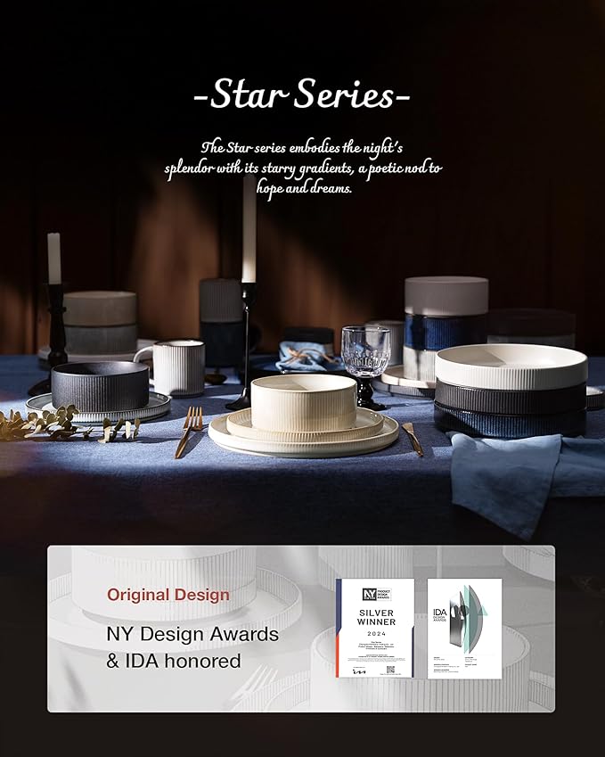 Famiware Star Dinnerware Set, Plates and Bowls Sets for 6 (18pcs), Ribbed Stoneware Dishes - Chip & Scratch Resistant, Microwave & Dishwasher Safe Kitchenware, White