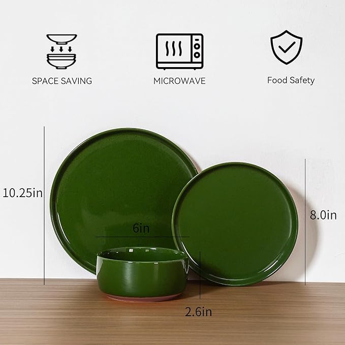 GZG Modern Art Series - 12 Pcs Speckled Stoneware Plates and Bowls Sets, Ceramic Dinnerware Set with Rustic Terracotta Underside, Microwave and Dishwasher Safe Handcrafted Dishes Set - Verdant Green