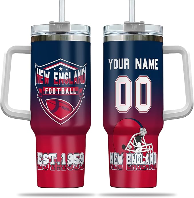 Personalized Football Tumbler with Handle & Straw, 40oz Stainless Steel Insulated Travel Mug, Custom Name & Number Cup, Game Day Coffee Fan Gift (New England)