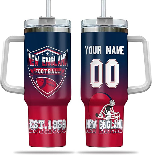 Personalized Football Tumbler with Handle & Straw, 40oz Stainless Steel Insulated Travel Mug, Custom Name & Number Cup, Game Day Coffee Fan Gift (New England)