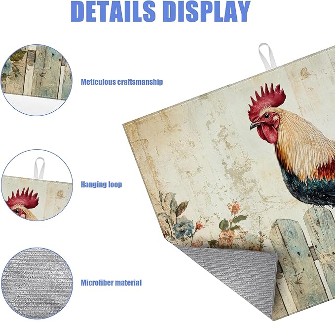 Vintage Rooster Dish Drying Mat for Kitchen Counter Farmhouse Drying Pad Absorbent Reversible Dish Drainer Rack Mats Draining Pad 18"x24"Inch