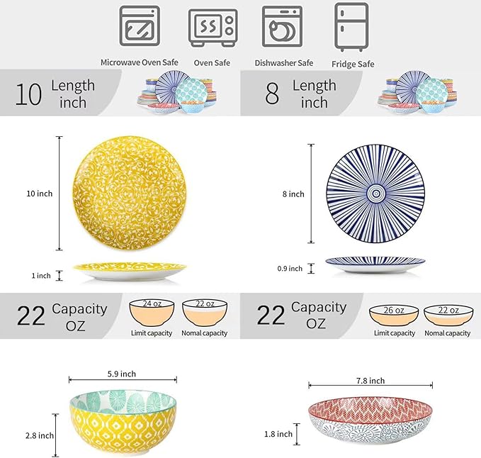 Selamica Ceramic Dinnerware Sets for 6, 24 Piece Plates and Bowls Sets, Highly Chip and Crack Resistant Dishes Set-Dishwasher & Microwave & Oven Safe, Assorted Colors