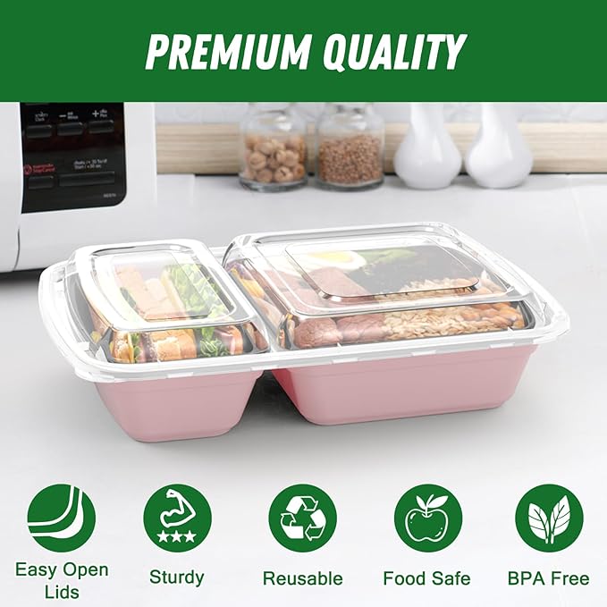 50 Pack (100-Piece) 28 oz Meal Prep Containers Reusable with Lids 2-Compartment, Sturdy Leakproof Food Safe, Microwave Freezer Dishwasher Safe, To Go Take Out Plastic Food Storage, Pink