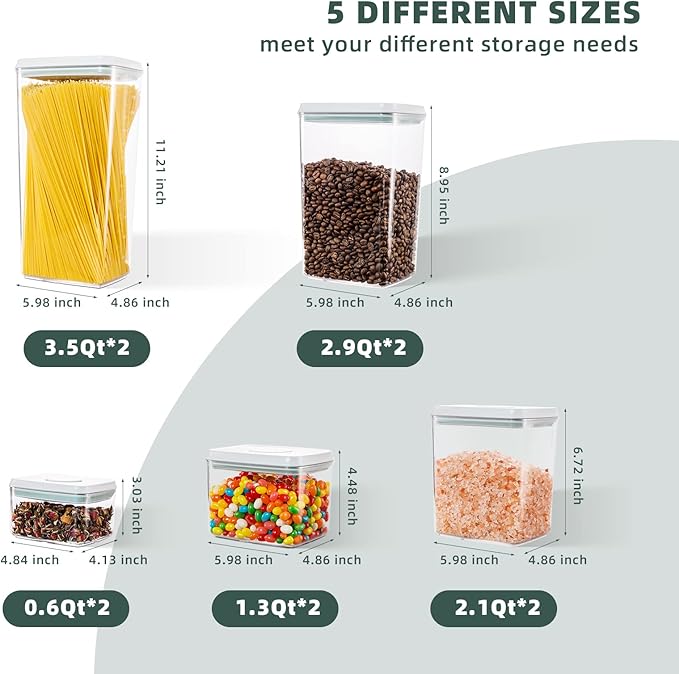 Airtight Pop Food Containerswith Lids, 10 PCS Kitchen and Pantry Organization Canisters for Cereal, Dry Food, Sugar, Snack, Flour, Spaghetti