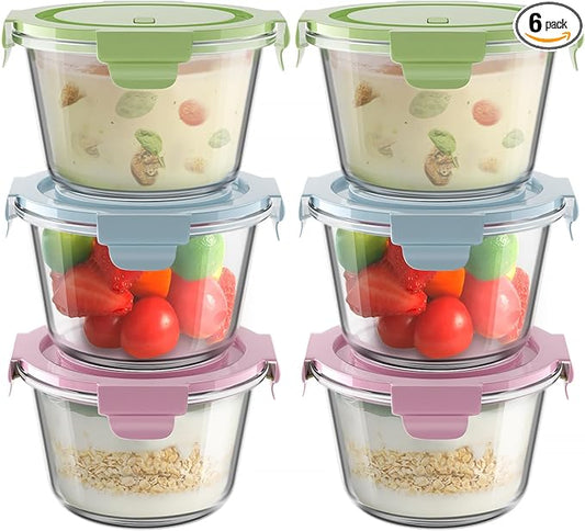 16oz Glass Meal Prep Containers with Lids, Airtight 2 Cup Glass Food Storage Containers Set, Heat-Resistant BPA-Free Container for Soup, Leftovers, Microwave, Oven, Dishwasher & Freezer Safe (6 Packs)