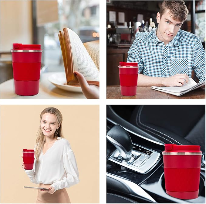 12oz Travel Coffee Mug Spill Proof, Insulated Coffee Mug with Lid, Leakproof Coffee Tumbler,Stainless Steel Vacuum Coffee Cup for Hot/Cold Drinks, Reusable Coffee Cup for Men Women -380ml,Red