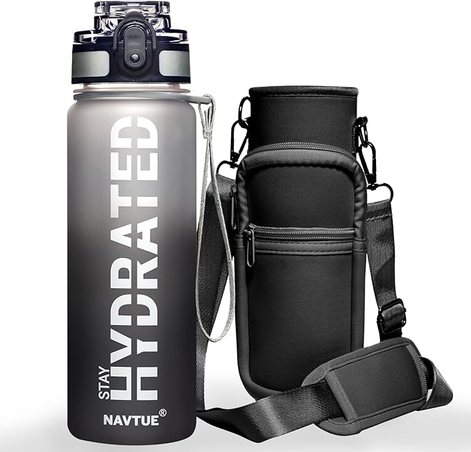 Water Bottle with Carrier Bag, 32 oz Sports Water Bottles with Time Marker Wide Mouth, Motivational and Leakproof Drink Bottle, BPA Free Tritan with Carry Strap for Gym Fitness Outdoor