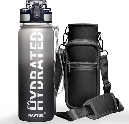 Water Bottle with Carrier Bag, 32 oz Sports Water Bottles with Time Marker Wide Mouth, Motivational and Leakproof Drink Bottle, BPA Free Tritan with Carry Strap for Gym Fitness Outdoor