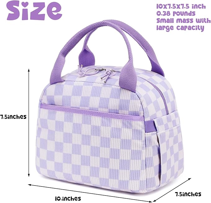 Bluboon Lunch Bag for Women Men Cute Corduroy Lunch Tote Bags Reusable Insulated Lunch Box Large Capacity Reusable Insulated Cooler for Work Picnic or Travel (Corduroy checkered purple)