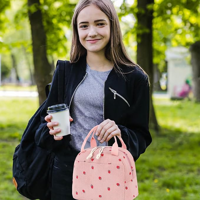 Bluboon Lunch Bag for Women Men Cute Corduroy Lunch Tote Bags Reusable Insulated Lunch Box Large Capacity Reusable Insulated Cooler for Work Picnic or Travel (Corduroy strawberry pink)