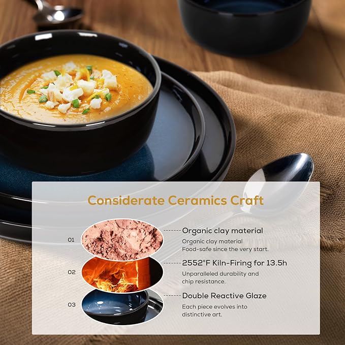 Romswi Dinnerware Set Stoneware Plates and Bowls Sets with Mugs, Chip & Scratch Resistant Dish Set, Handmade Reactive Glaze, Oven,Microwave and Dishwasher Safe, Dreamy Moonlight-Blue for 4,16 pcs