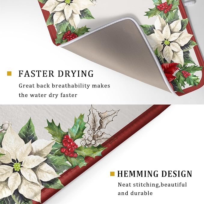 Christmas Dish Drying Mats for Kitchen Counter 18×24 Inch Red White Poinsettia Christmas Flower Large Microfiber Drying Mat Kitchen Accessories Dish Rack Mat Drainer Pad Washable Absorbent