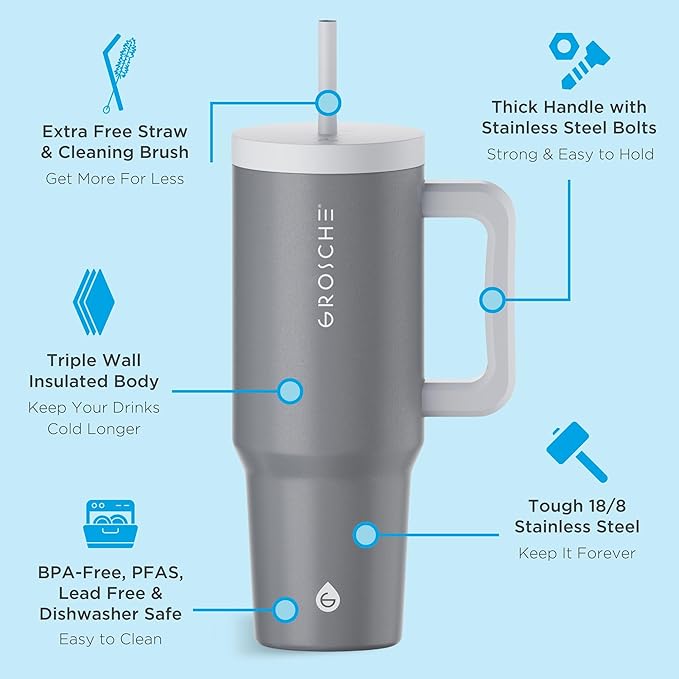 GROSCHE ASPEN 40 oz tumbler with handle and straw. Extreme insulation, classy design, built to last insulated stainless steel tumbler with handle, lid and straw - Steel Grey