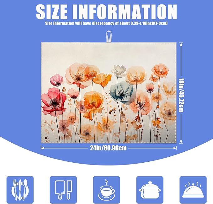 Poppy Dish Drying Mat for Kitchen Counter Wild Flower Drying Pad Absorbent Reversible Dish Drainer Rack Mats Draining Pad 18"x24"Inch
