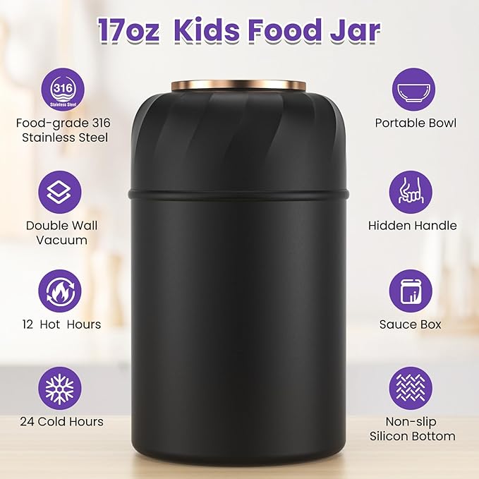 Bento Lunch Box for Kids, Lunch Box Adult with 17oz Soup Thermo, Folding Fork & Spoon, Leakproof Lunch Food Containers with 4 Compartment for School, Office, Travel and Park Pinic