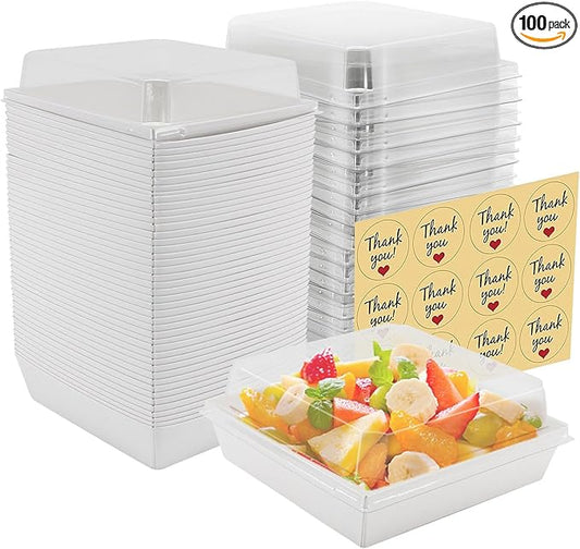 100 Pack Small Paper Charcuterie Boxes with Clear Lids, Modern Minimalist Square Dessert Boxes for Food Containers, 5.32" L * 4.92" W 2.56" H