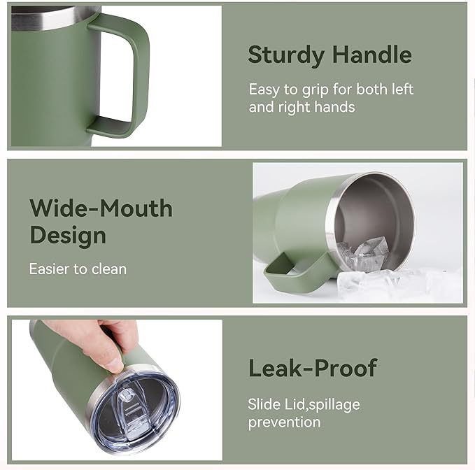 20oz Tumbler with Lid, Stainless Steel Tumbler with Handle, Metal Insulated Travel Coffee Mug with Handle, Double Wall Vacuum Spill Proof Tumbler Cup, Amy Green 1 Pack