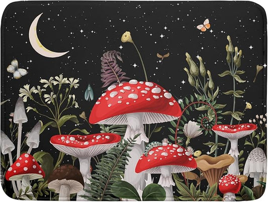 Red Mushroom Dish Drying Mat for Kitchen Counter Plant Leaves Drainer Mats Rack Holder Countertop Absorbent Microfiber Coffee Pads 18x24 Inch