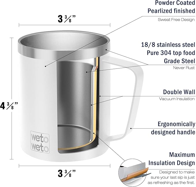 WETOWETO 14 oz Coffee Mug, Vacuum Insulated Camping Mug with Lid, Double Wall Stainless Steel Travel Tumbler Cup, Coffee Mugs Outdoor, Powder Coated White