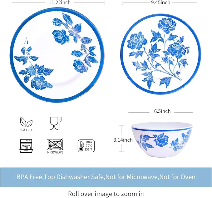 Melamine Dinnerware Set 12-Piece for 4 Dish Set Plates Bowls Unbreakable Dishware for Indoor Outdoor Use Lightweight Durable for Camping Picnics Parties light blue