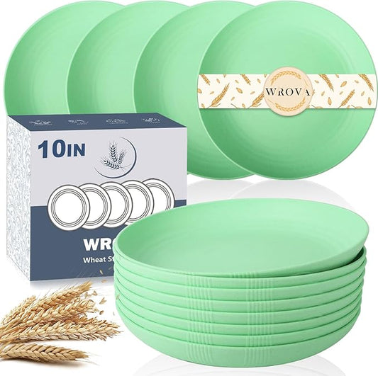 Wrova Wheat Straw Plates - 10 Inch Unbreakable Dinner Plates Set of 8 - Dishwasher & Microwave Safe Plastic Plates Reusable for Kitchen and Camping (Light Green)
