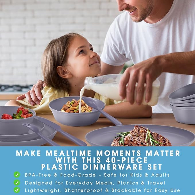 40-Piece Unbreakable Kids Dinnerware Set for Toddlers & Children, BPA-Free & Easy-Clean PP Plates and Bowls, Microwave & Dishwasher Safe, Complete Family Pack (Service for 8)