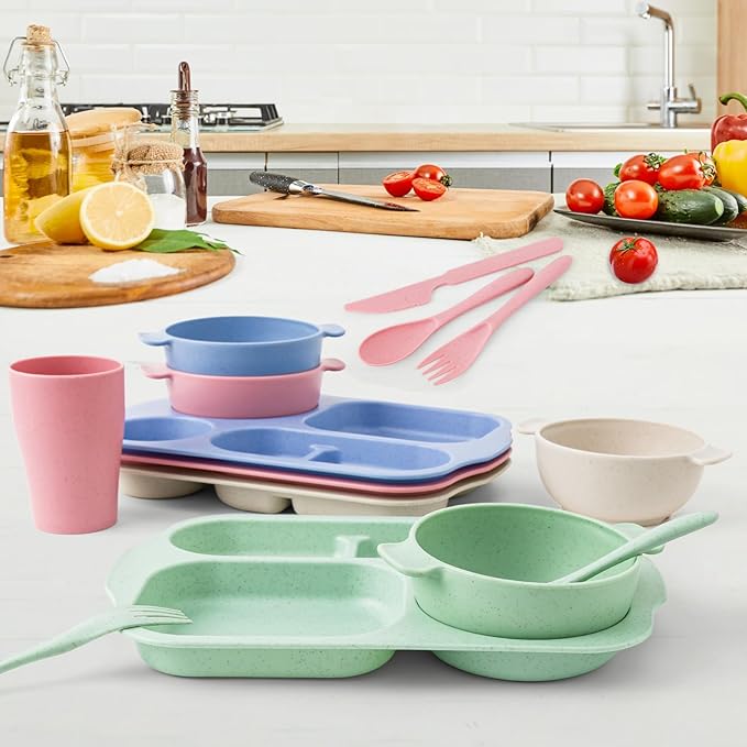 24 Pcs Wheat Straw Dinnerware Cutlery Set, Unbreakable Tableware Set, Bowls, Cup, Cutlery Spoons Knifes Forks, BPA Free, Microwave Dishwasher Safe (Colorful)