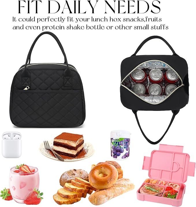CAMTOP Lunch Box for Women Insulated Lunch Bag Lunchbox Cooler Thermal Leakproof Quilted Reusable Lunch Tote Bag for Work School Travel Picnic (Black)