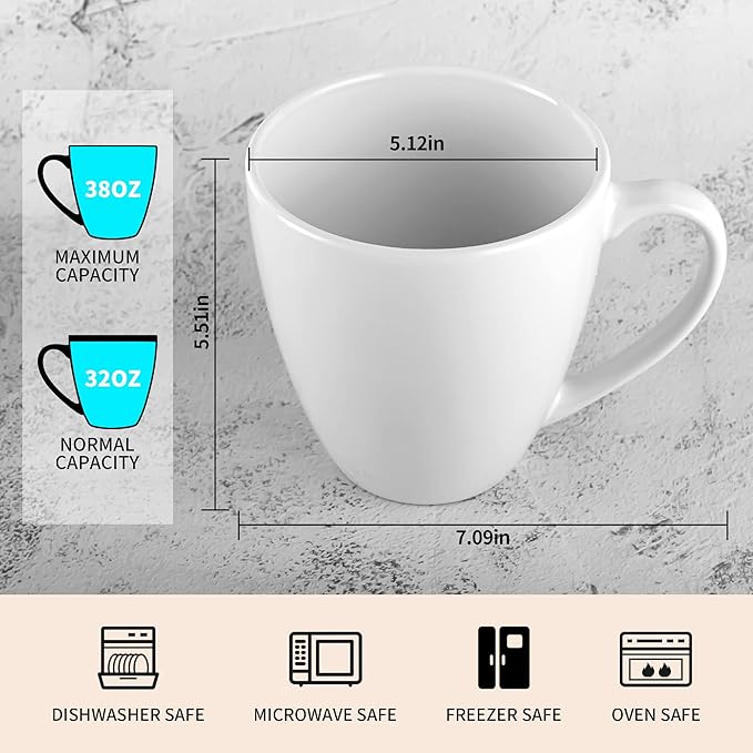 39oz Large Coffee Mug Ceramic Tea Cup for Office and Home Big Capacity with Handle also for Soup, Cereal and Salad (white)