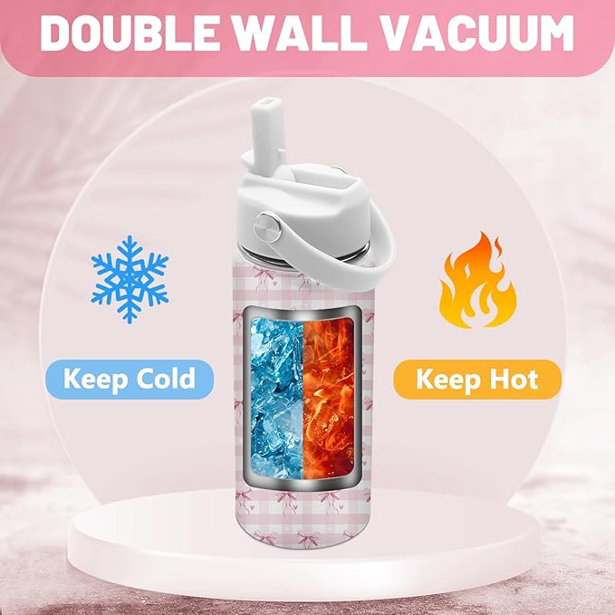 Pink Bow Gifts, 16 oz Water Bottle with Straw Lid, Stainless Steel Insulated Pink Bow Tumbler, Cute Water Bottles for Birthday Christmas