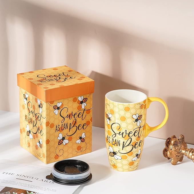 Topadorn Ceramic Mugs Porcelain Latte Tea Cup Coffee Mug with Gift Box,17oz.Sweet as Can Bee