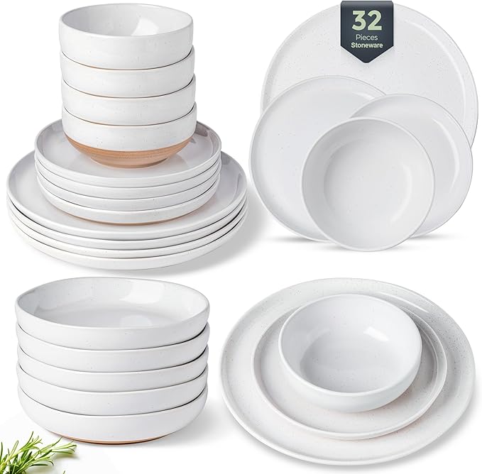AmorArc Ceramic Dinnerware Sets with Pasta Bowls for 8, Handpainted Plates and Bowls Set with Rustic Terracotta Underside, Scratch Resistant Dishes Set, Dishwasher & Microwave Safe, 32 Pcs