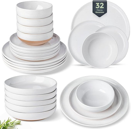AmorArc Ceramic Dinnerware Sets with Pasta Bowls for 8, Handpainted Plates and Bowls Set with Rustic Terracotta Underside, Scratch Resistant Dishes Set, Dishwasher & Microwave Safe, 32 Pcs