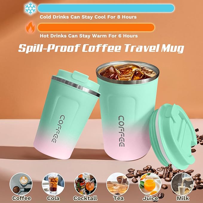 Travel coffee mugs leak-proof, reusable coffee cups with lids, stainless steel vacuum thermos coffe tumblers,thermal insulation cups for men and women hot & cold drinks (2nd-Green Pink, 17OZ)